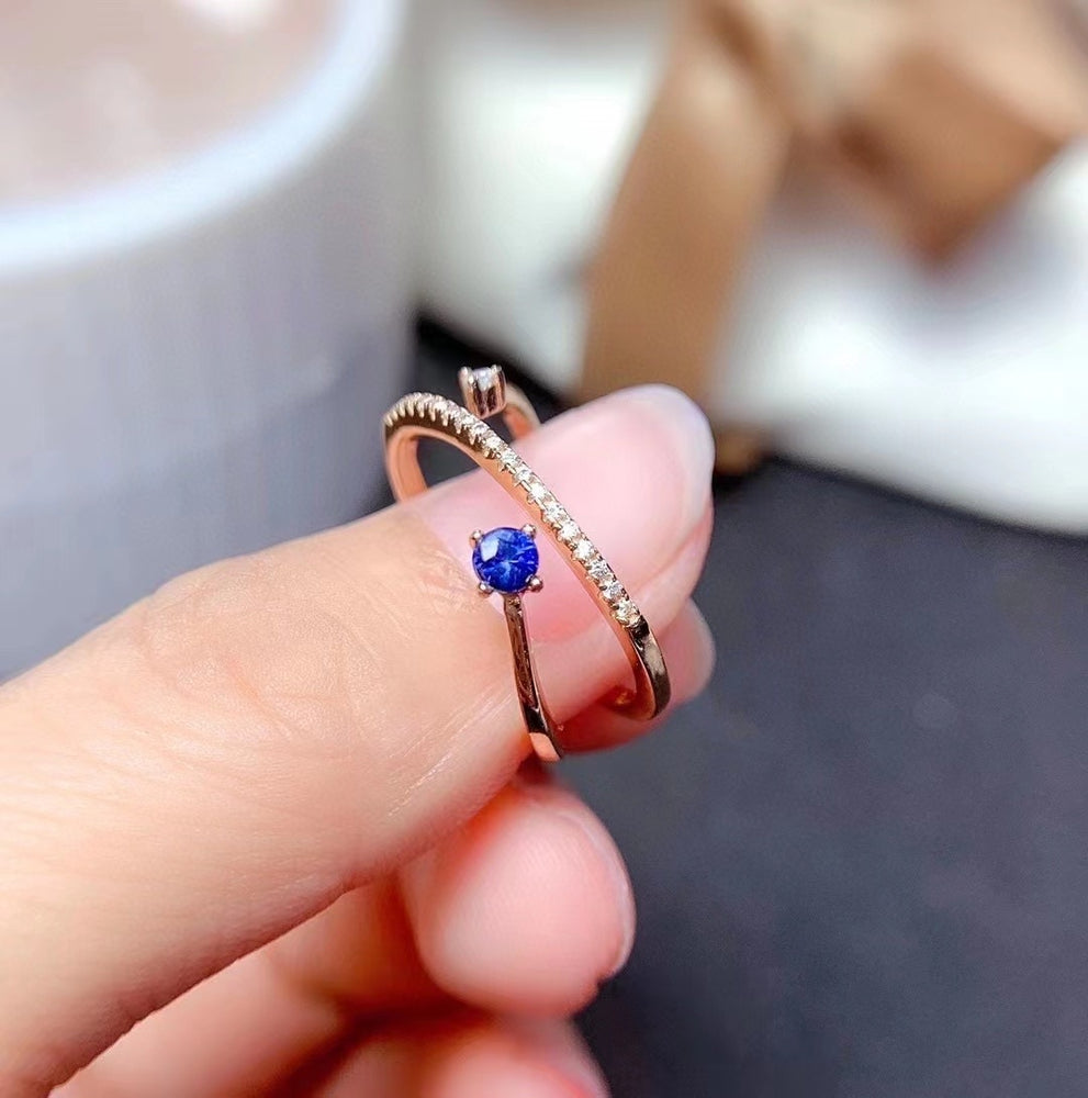 Design Style Sapphire Ring for Office Woman 3mm 0.1ct Natural Blue Sapphire Silver Ring Gold Plating 925 Silver Sapphire Jewelry