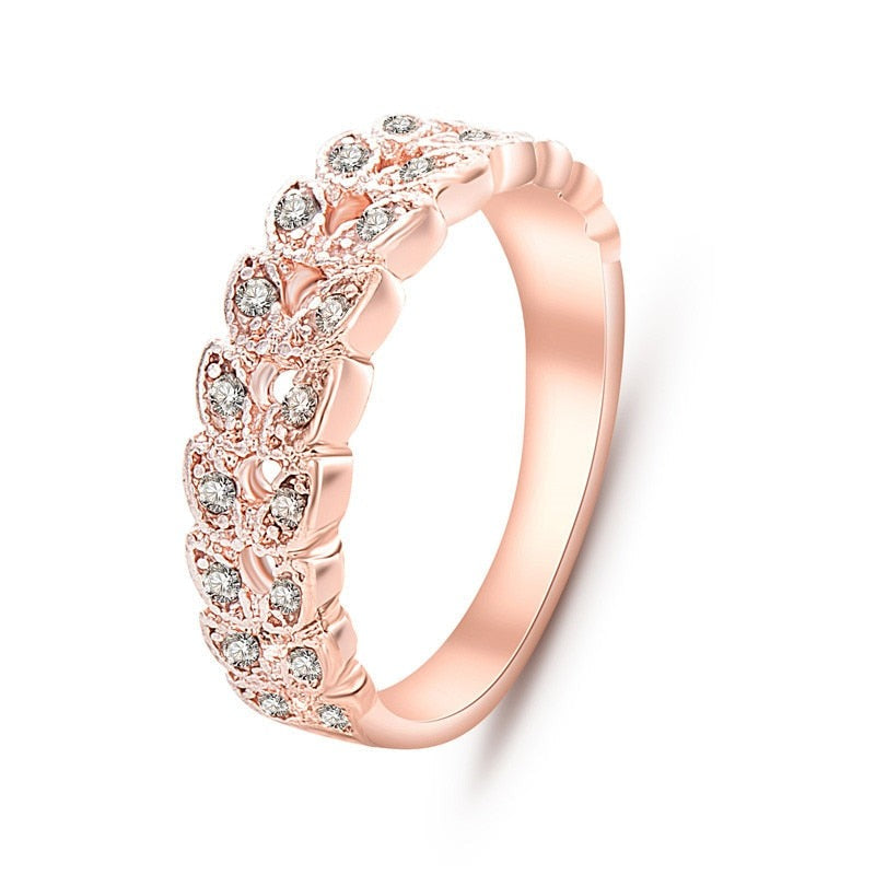 Classic Leaf Pattern Rose Gold Ring with Austrian Crystals