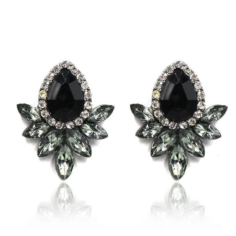 Black Resin Sweet Metal with Gems Stud Earrings